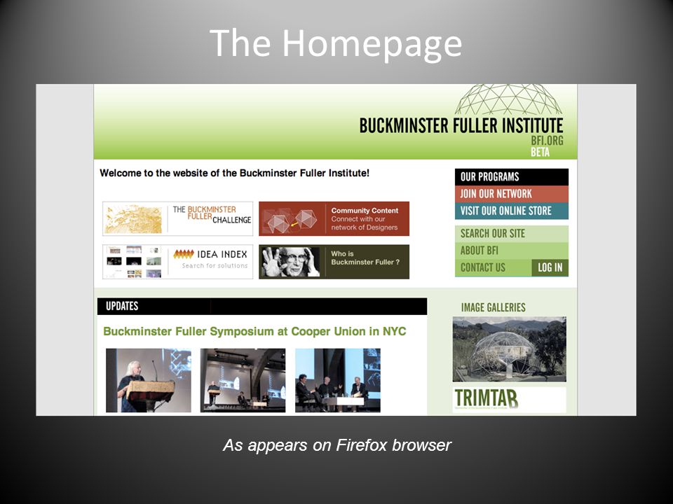 The Homepage As appears on Firefox browser