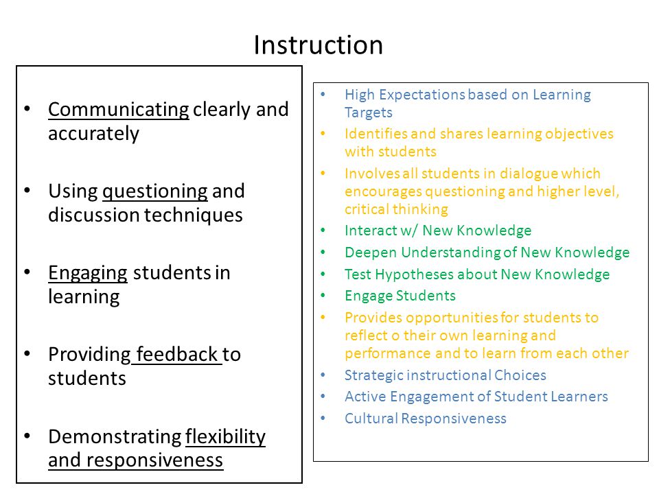 Instruction Communicating clearly and accurately Using questioning and discussion techniques Engaging students in learning Providing feedback to students Demonstrating flexibility and responsiveness High Expectations based on Learning Targets Identifies and shares learning objectives with students Involves all students in dialogue which encourages questioning and higher level, critical thinking Interact w/ New Knowledge Deepen Understanding of New Knowledge Test Hypotheses about New Knowledge Engage Students Provides opportunities for students to reflect o their own learning and performance and to learn from each other Strategic instructional Choices Active Engagement of Student Learners Cultural Responsiveness