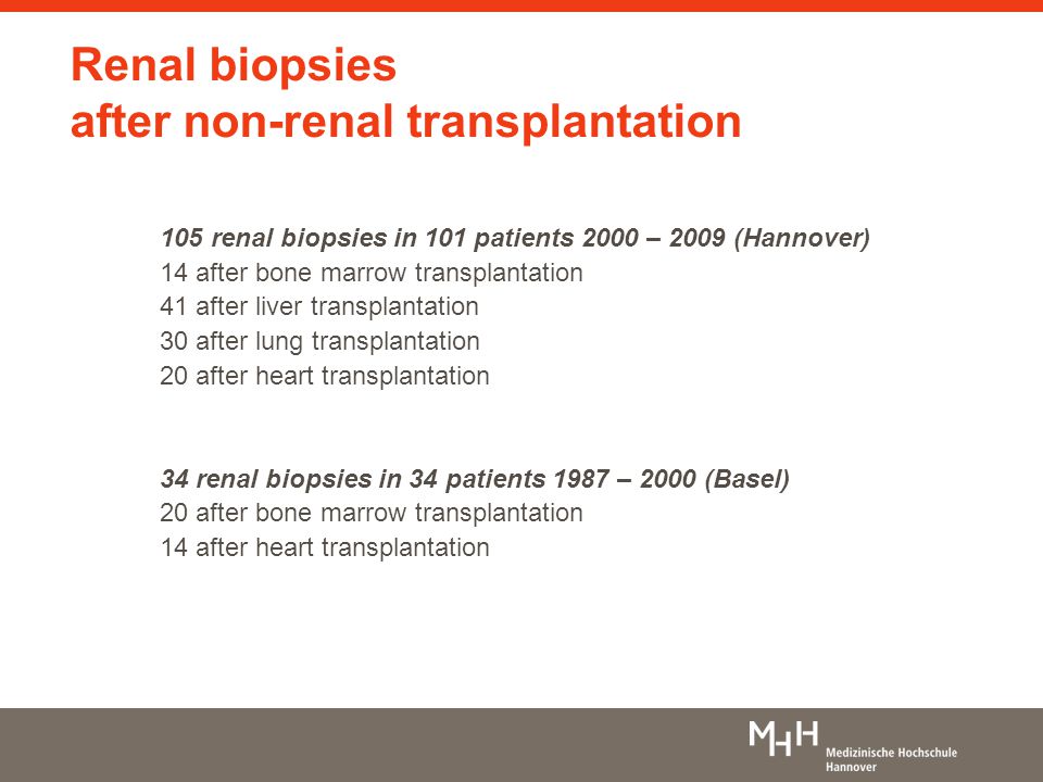 Renal biopsies after non-renal transplantation 105 renal biopsies in 101 patients 2000 – 2009 (Hannover) 14 after bone marrow transplantation 41 after liver transplantation 30 after lung transplantation 20 after heart transplantation 34 renal biopsies in 34 patients 1987 – 2000 (Basel) 20 after bone marrow transplantation 14 after heart transplantation