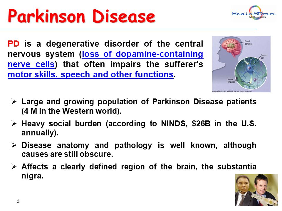 3  Large and growing population of Parkinson Disease patients (4 M in the Western world).