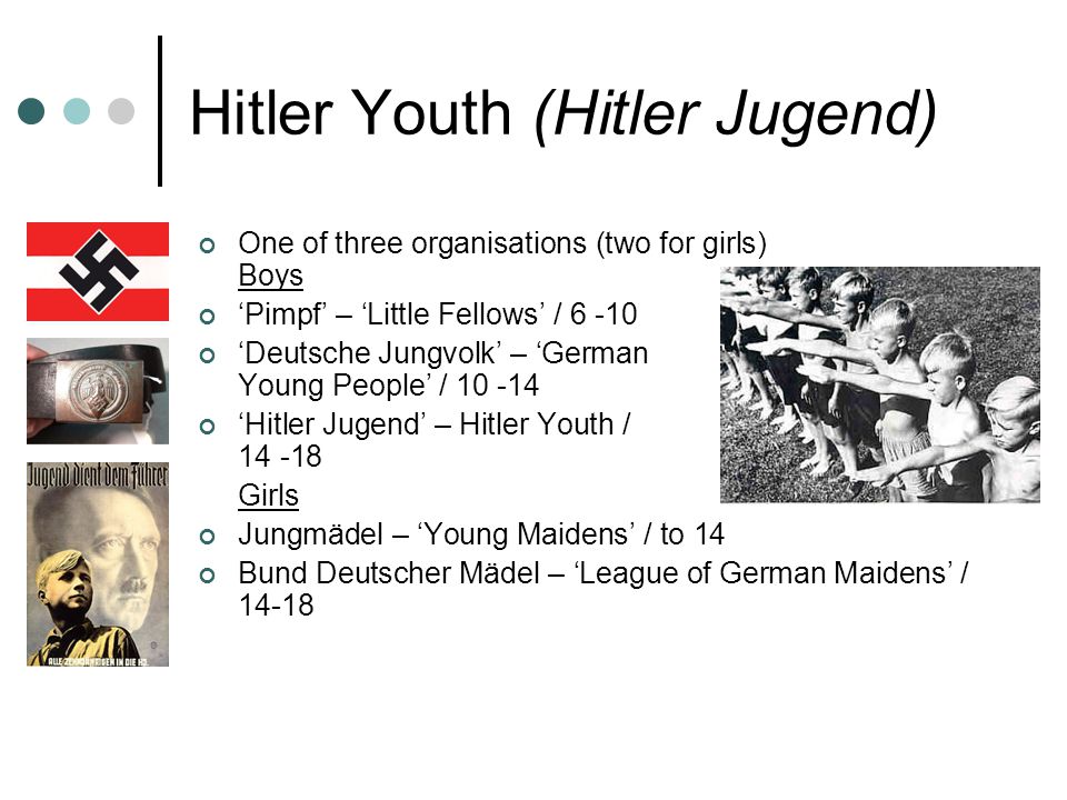 Hitler Youth (Hitler Jugend) One of three organisations (two for girls) Boys ‘Pimpf’ – ‘Little Fellows’ / ‘Deutsche Jungvolk’ – ‘German Young People’ / ‘Hitler Jugend’ – Hitler Youth / Girls Jungmädel – ‘Young Maidens’ / to 14 Bund Deutscher Mädel – ‘League of German Maidens’ / 14-18