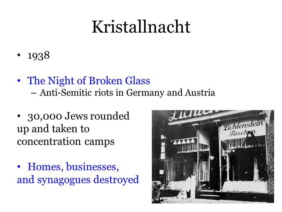 Kristallnacht 1938 The Night of Broken Glass – Anti-Semitic riots in Germany and Austria 30,000 Jews rounded up and taken to concentration camps Homes, businesses, and synagogues destroyed