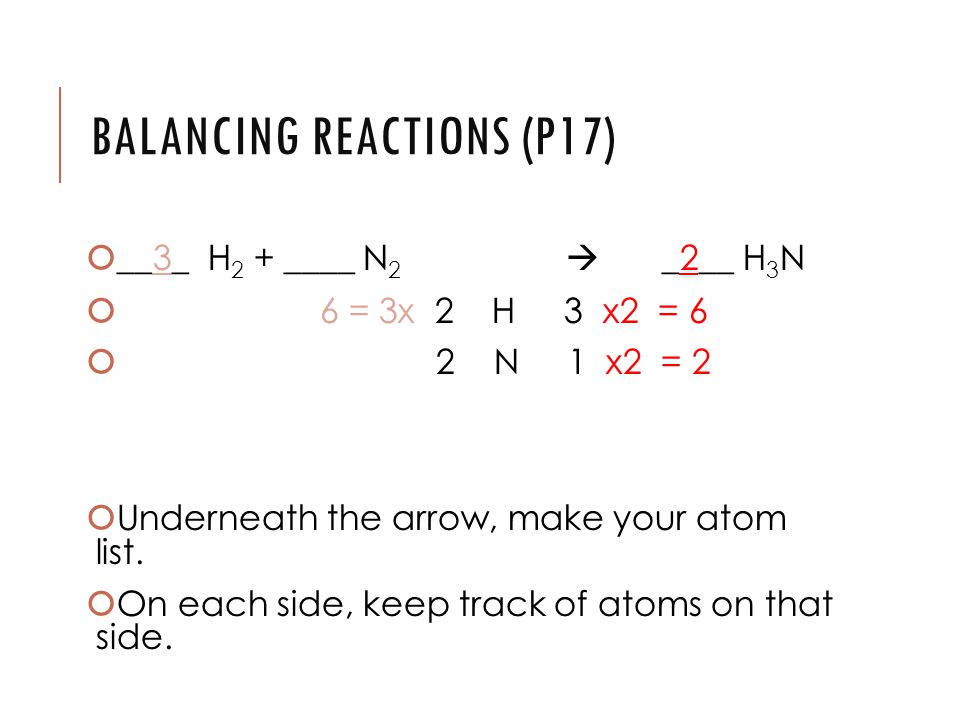 BALANCING REACTIONS (P17)  __3_ H 2 + ____ N 2  _2__ H 3 N  6 = 3x 2 H 3 x2 = 6  2 N 1 x2 = 2  Underneath the arrow, make your atom list.