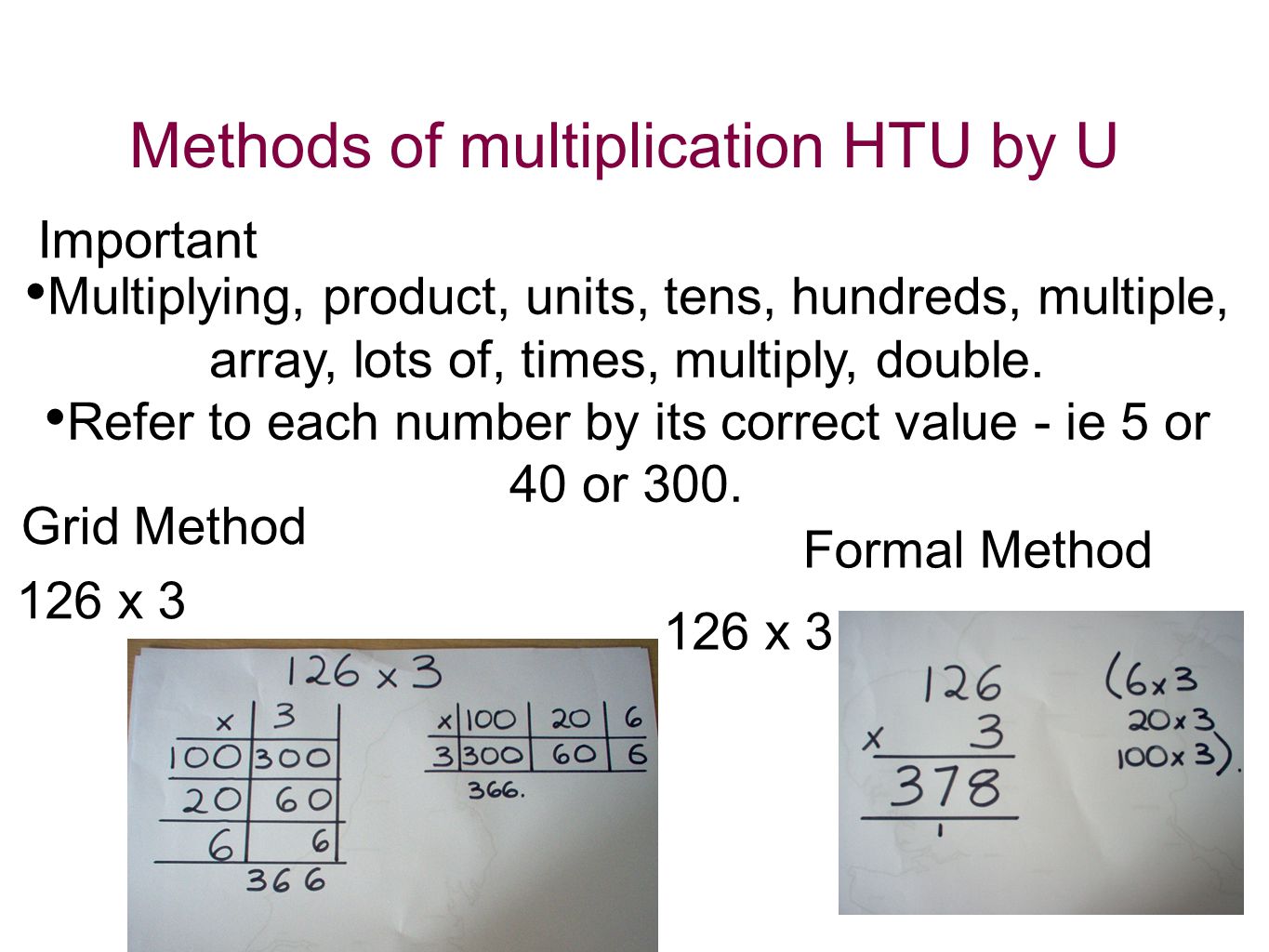 Methods of multiplication HTU by U Important Multiplying, product, units, tens, hundreds, multiple, array, lots of, times, multiply, double.