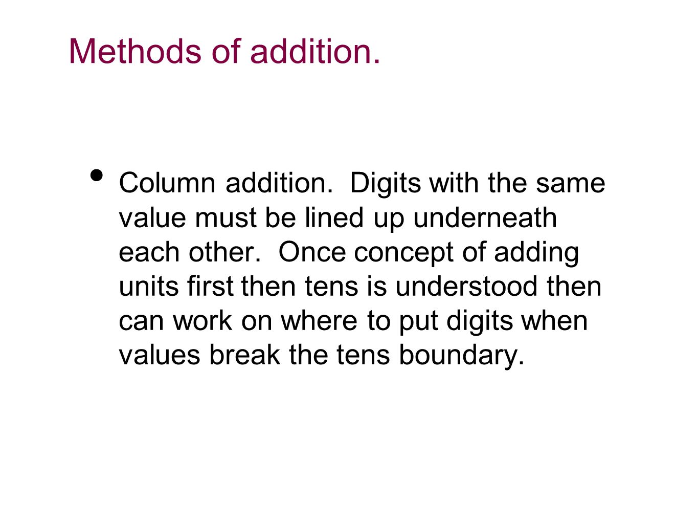 Column addition. Digits with the same value must be lined up underneath each other.