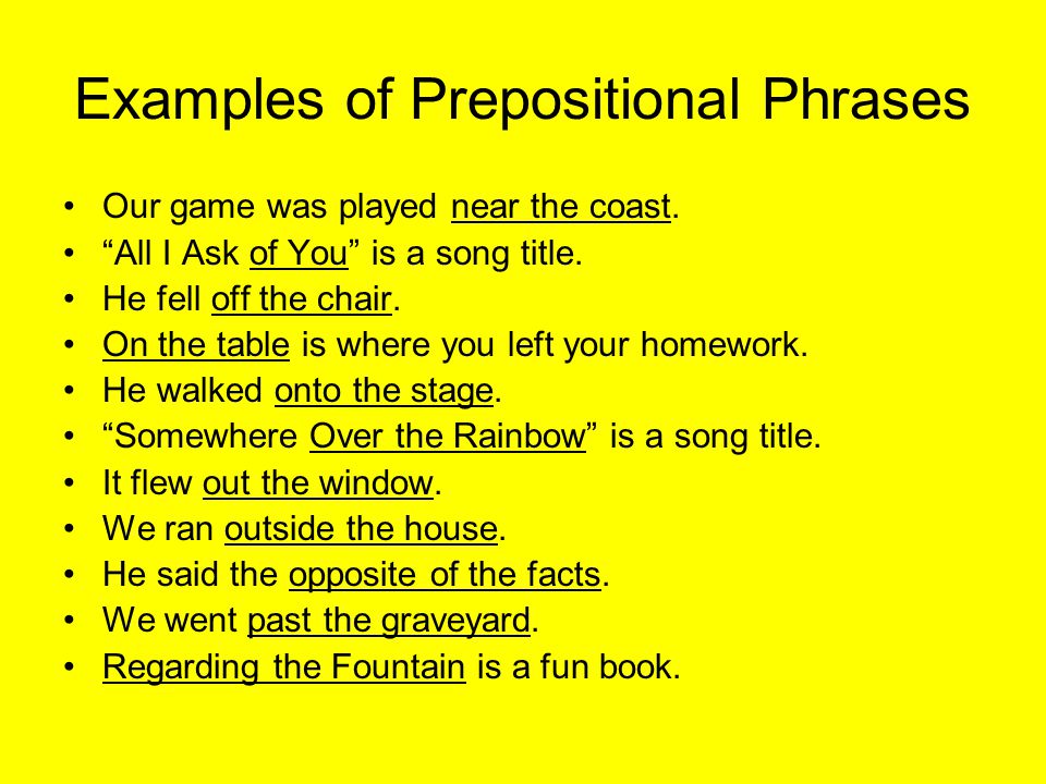 Examples of Prepositional Phrases Our game was played near the coast.