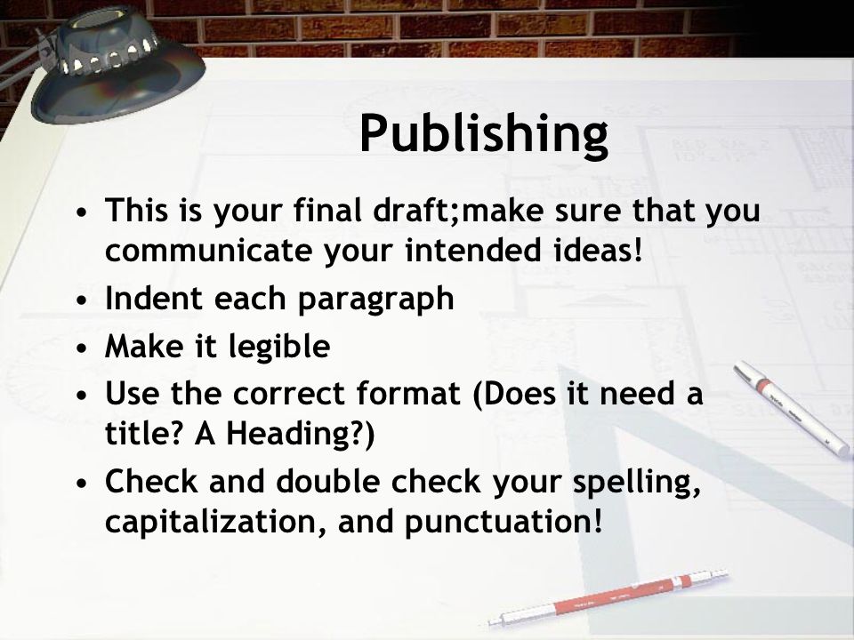 Publishing This is your final draft;make sure that you communicate your intended ideas.