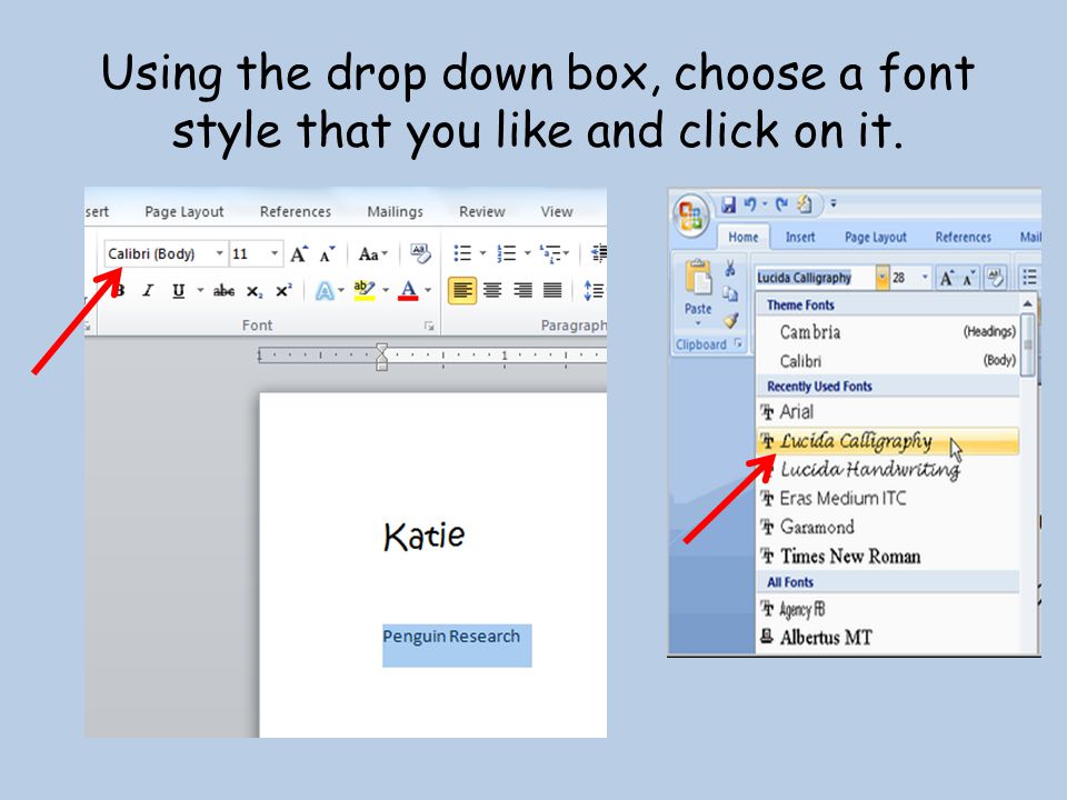 Using the drop down box, choose a font style that you like and click on it.