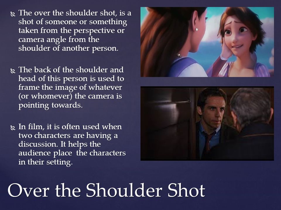  The over the shoulder shot, is a shot of someone or something taken from the perspective or camera angle from the shoulder of another person.