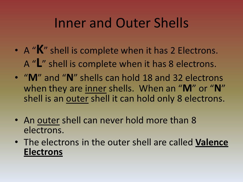 Inner and Outer Shells A K shell is complete when it has 2 Electrons.