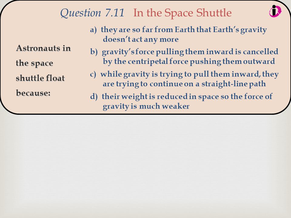  Astronauts in the space shuttle float because: Question 7.11 In the Space Shuttle a) they are so far from Earth that Earth’s gravity doesn’t act any more b) gravity’s force pulling them inward is cancelled by the centripetal force pushing them outward c) while gravity is trying to pull them inward, they are trying to continue on a straight-line path d) their weight is reduced in space so the force of gravity is much weaker