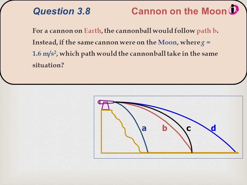  abdc For a cannon on Earth, the cannonball would follow path b.