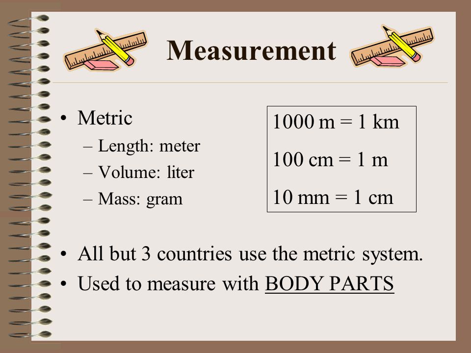 Measurement Metric –Length: meter –Volume: liter –Mass: gram All but 3 countries use the metric system.