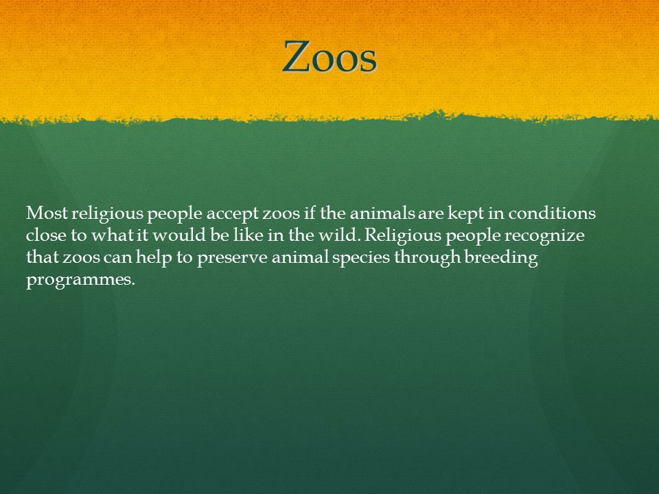 Zoos Most religious people accept zoos if the animals are kept in conditions close to what it would be like in the wild.