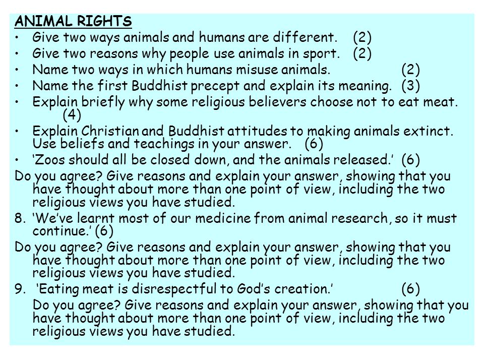 Religion and Animal Rights Revision. Animal rights Animals are often used  for medical experiments in order to improve the lives of humans. Without  animal. - ppt download