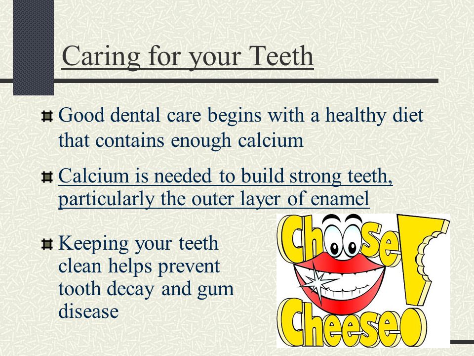 Caring for your Teeth Good dental care begins with a healthy diet that contains enough calcium Calcium is needed to build strong teeth, particularly the outer layer of enamel Keeping your teeth clean helps prevent tooth decay and gum disease