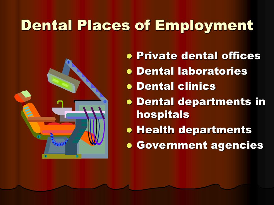 Dental Places of Employment Private dental offices Private dental offices Dental laboratories Dental laboratories Dental clinics Dental clinics Dental departments in hospitals Dental departments in hospitals Health departments Health departments Government agencies Government agencies