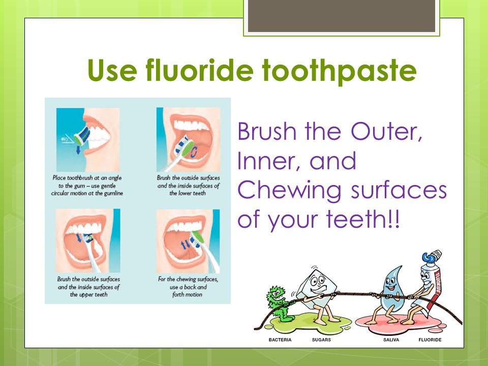 Brush the Outer, Inner, and Chewing surfaces of your teeth!! Use fluoride toothpaste