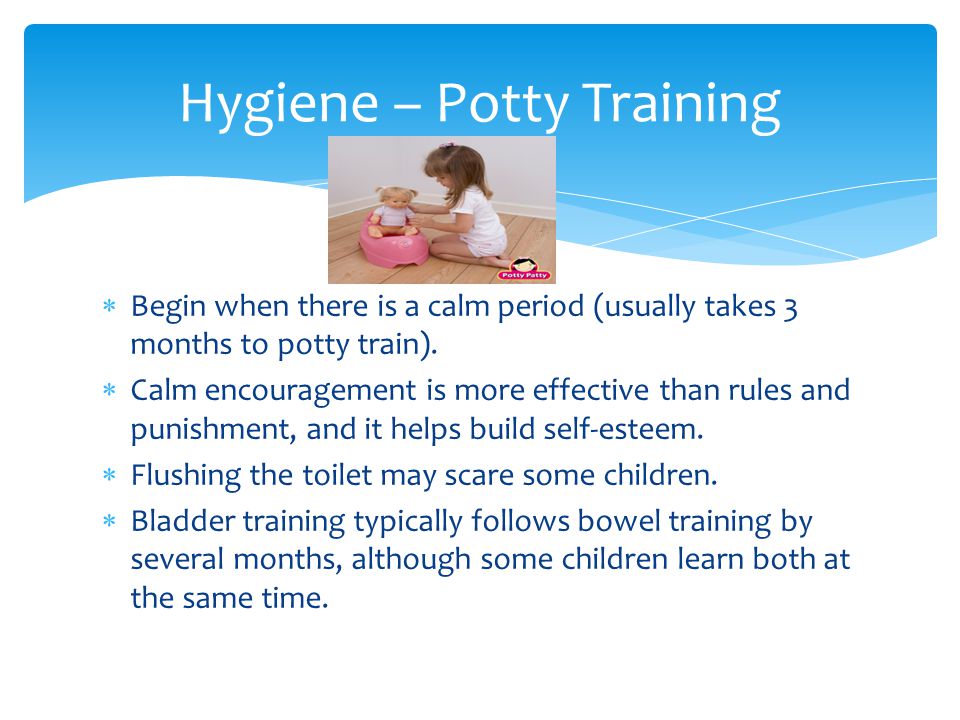  Begin when there is a calm period (usually takes 3 months to potty train).