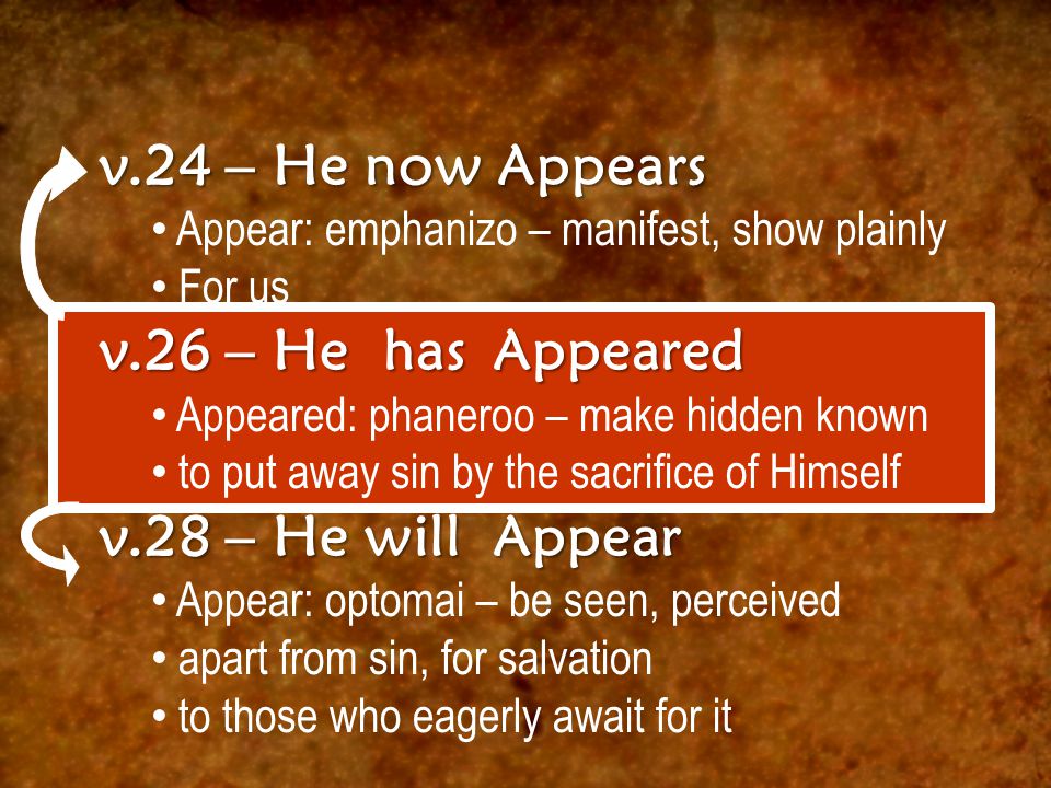 v.24 – He now Appears Appear: emphanizo – manifest, show plainly For us v.26 – He has Appeared Appeared: phaneroo – make hidden known to put away sin by the sacrifice of Himself v.28 – He will Appear Appear: optomai – be seen, perceived apart from sin, for salvation to those who eagerly await for it