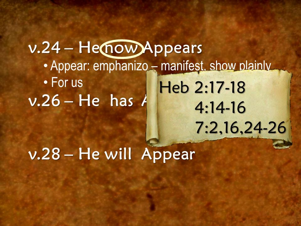 v.24 – He now Appears Appear: emphanizo – manifest, show plainly For us v.26 – He has Appeared v.28 – He will Appear Heb 2: : :2,16,24-26