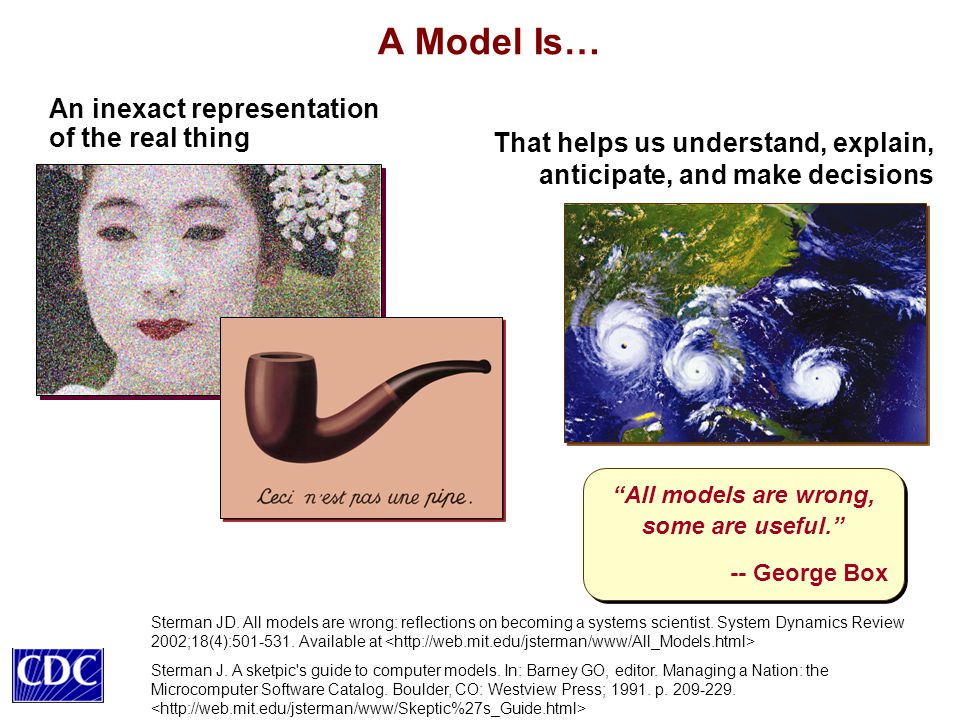 A Model Is… An inexact representation of the real thing That helps us understand, explain, anticipate, and make decisions All models are wrong, some are useful. -- George Box All models are wrong, some are useful. -- George Box Sterman JD.