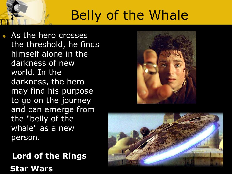 Belly of the Whale Lord of the Rings As the hero crosses the threshold, he finds himself alone in the darkness of new world.