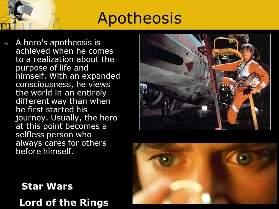 Apotheosis Lord of the Rings  A hero s apotheosis is achieved when he comes to a realization about the purpose of life and himself.