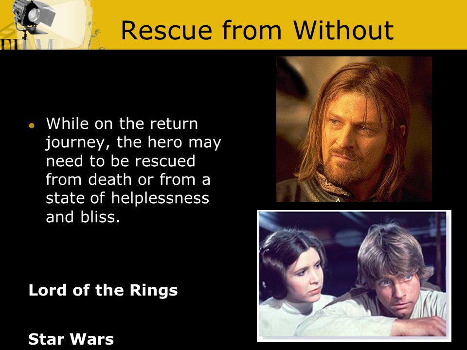 Rescue from Without Lord of the Rings While on the return journey, the hero may need to be rescued from death or from a state of helplessness and bliss.