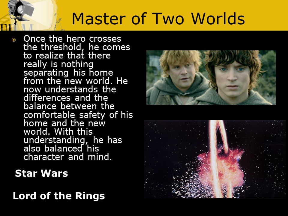 Master of Two Worlds Lord of the Rings  Once the hero crosses the threshold, he comes to realize that there really is nothing separating his home from the new world.
