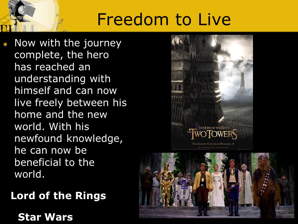 Freedom to Live Lord of the Rings Now with the journey complete, the hero has reached an understanding with himself and can now live freely between his home and the new world.