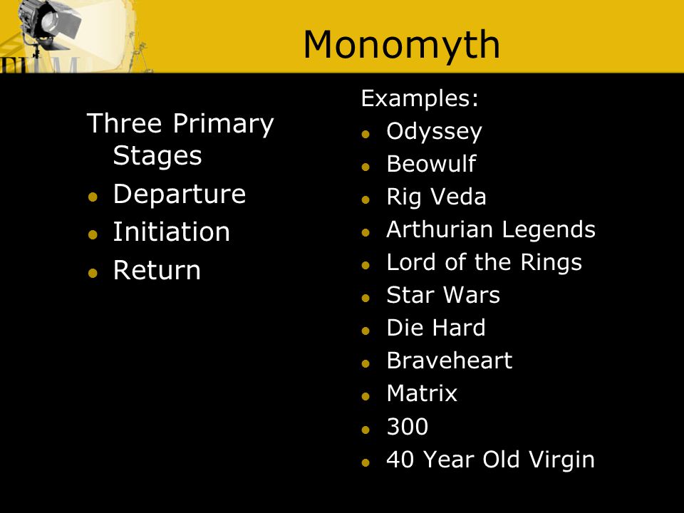 Monomyth Three Primary Stages Departure Initiation Return Examples: Odyssey Beowulf Rig Veda Arthurian Legends Lord of the Rings Star Wars Die Hard Braveheart Matrix Year Old Virgin