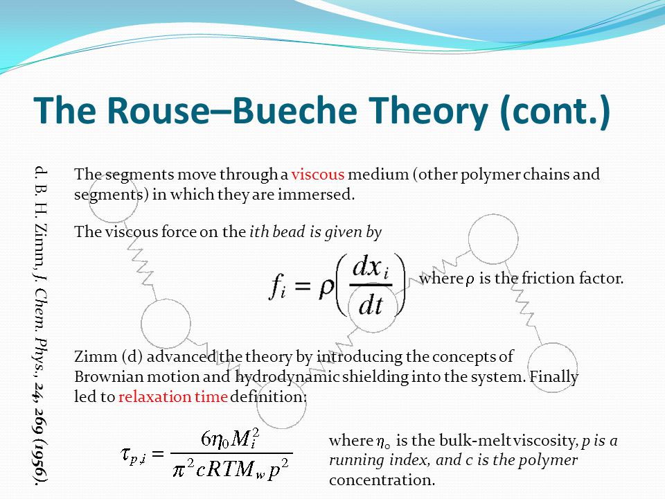 The Rouse–Bueche Theory (cont.) The segments move through a viscous medium (other polymer chains and segments) in which they are immersed.
