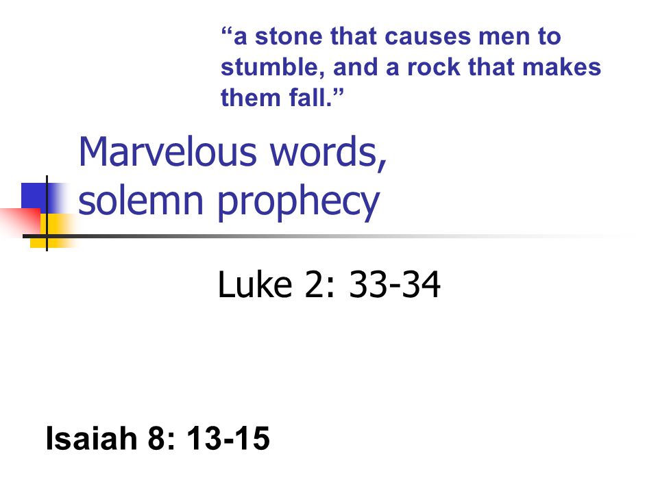 Marvelous words, solemn prophecy Luke 2: Isaiah 8: a stone that causes men to stumble, and a rock that makes them fall.
