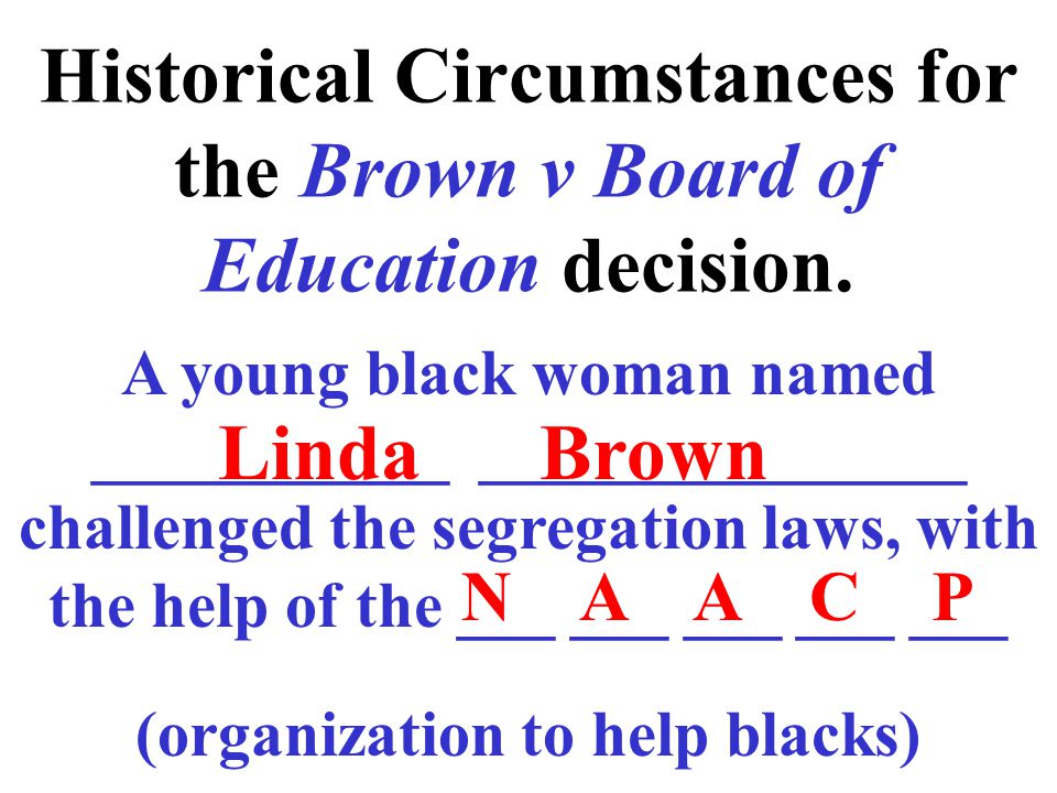 Historical Circumstances for the Brown v Board of Education decision.