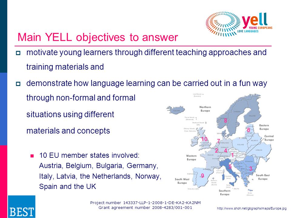 Project number LLP DE-KA2-KA2NM Grant agreement number / Main YELL objectives to answer  motivate young learners through different teaching approaches and training materials and  demonstrate how language learning can be carried out in a fun way through non-formal and formal situations using different materials and concepts 10 EU member states involved: Austria, Belgium, Bulgaria, Germany, Italy, Latvia, the Netherlands, Norway, Spain and the UK