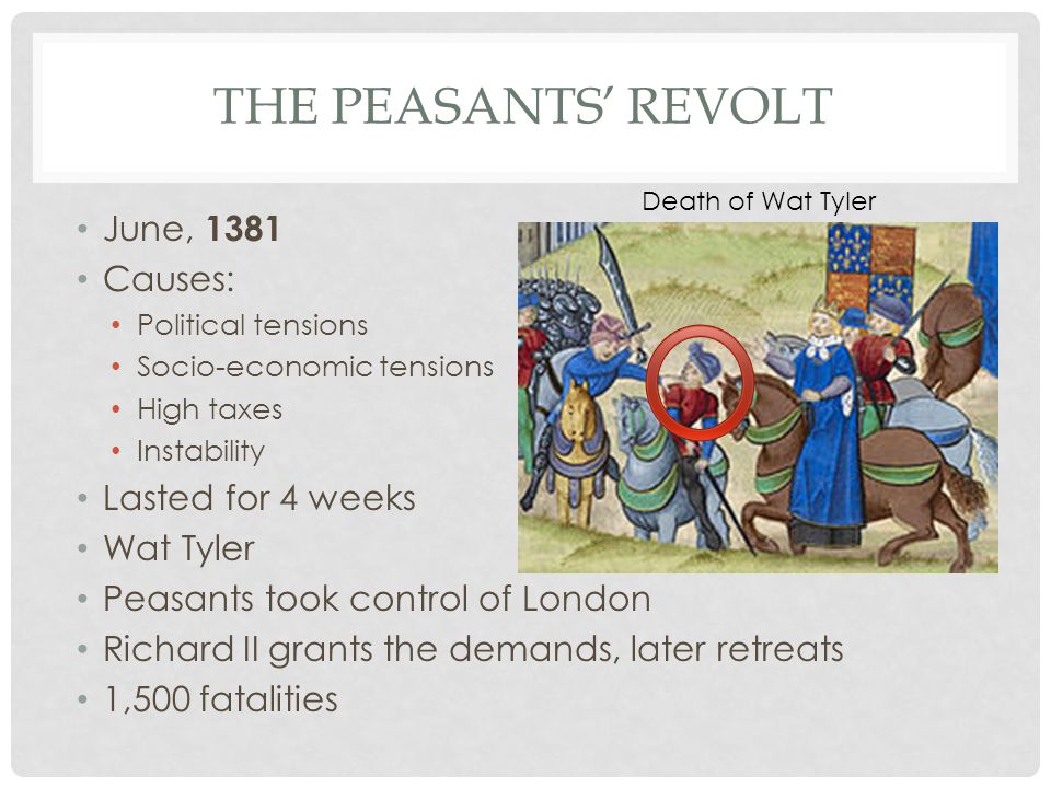 THE PEASANTS’ REVOLT June, 1381 Causes: Political tensions Socio-economic tensions High taxes Instability Lasted for 4 weeks Wat Tyler Peasants took control of London Richard II grants the demands, later retreats 1,500 fatalities Death of Wat Tyler