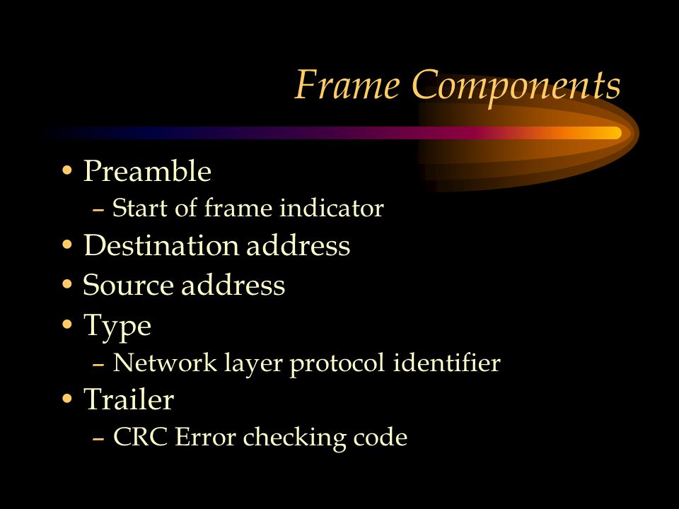 Frame Components Preamble –Start of frame indicator Destination address Source address Type –Network layer protocol identifier Trailer –CRC Error checking code