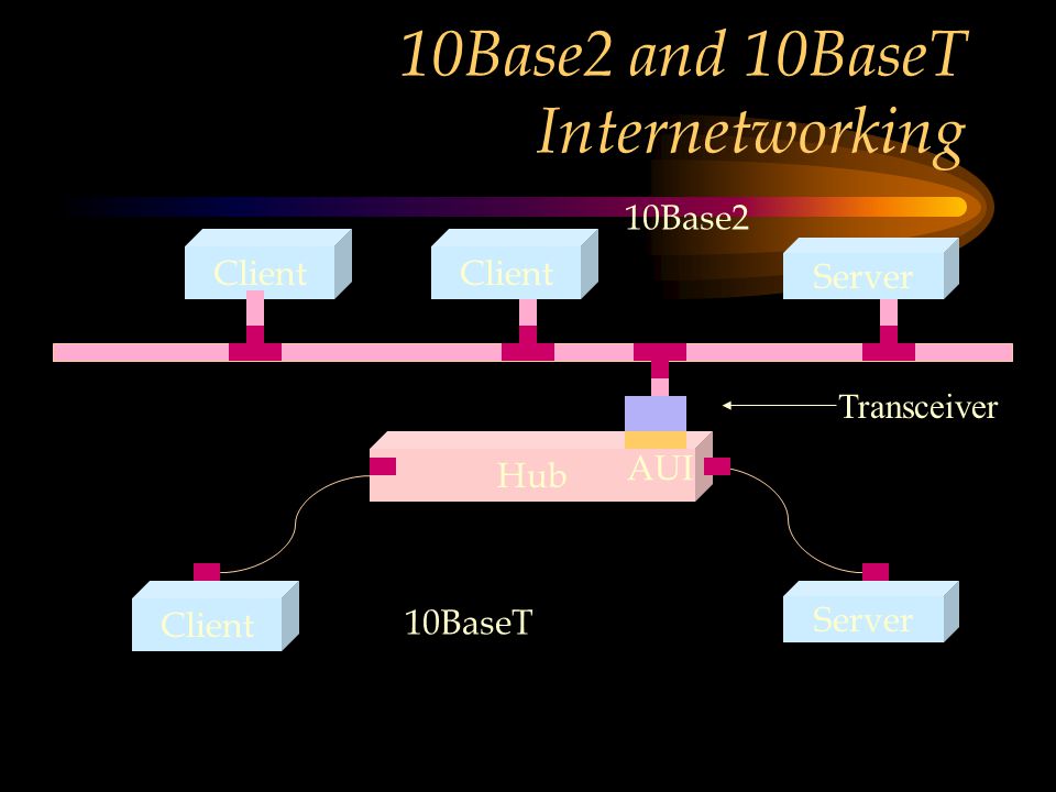 10Base2 and 10BaseT Internetworking Client Server Hub Client Server Transceiver 10Base2 10BaseT AUI