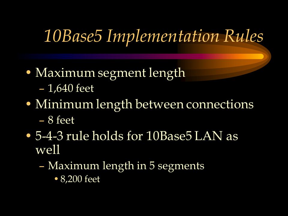10Base5 Implementation Rules Maximum segment length –1,640 feet Minimum length between connections –8 feet rule holds for 10Base5 LAN as well –Maximum length in 5 segments 8,200 feet