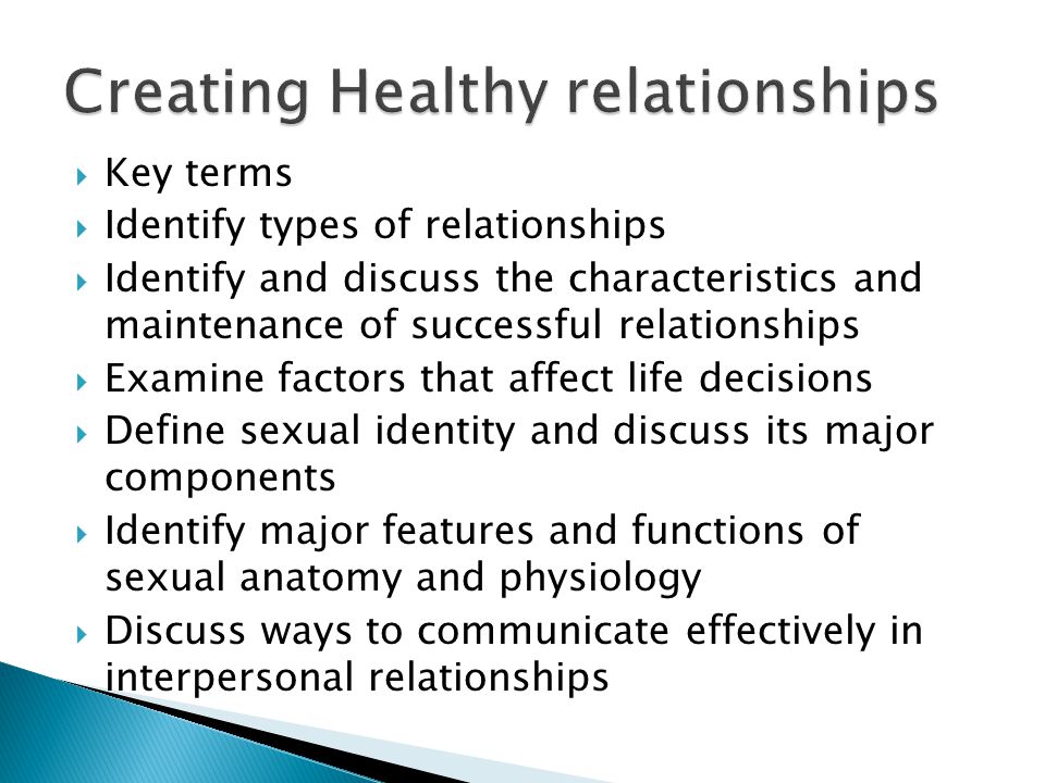  Key terms  Identify types of relationships  Identify and discuss the characteristics and maintenance of successful relationships  Examine factors that affect life decisions  Define sexual identity and discuss its major components  Identify major features and functions of sexual anatomy and physiology  Discuss ways to communicate effectively in interpersonal relationships