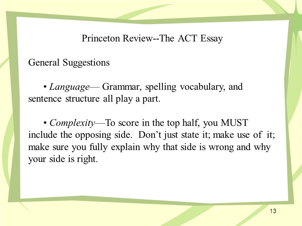 13 Princeton Review--The ACT Essay General Suggestions Language— Grammar, spelling vocabulary, and sentence structure all play a part.