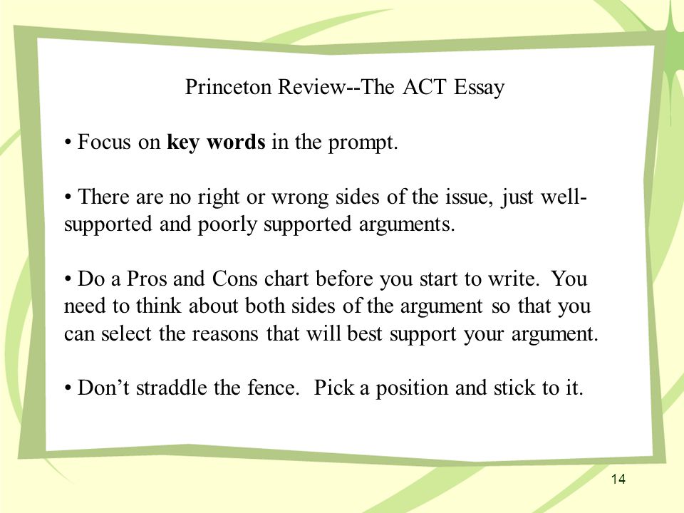 14 Princeton Review--The ACT Essay Focus on key words in the prompt.