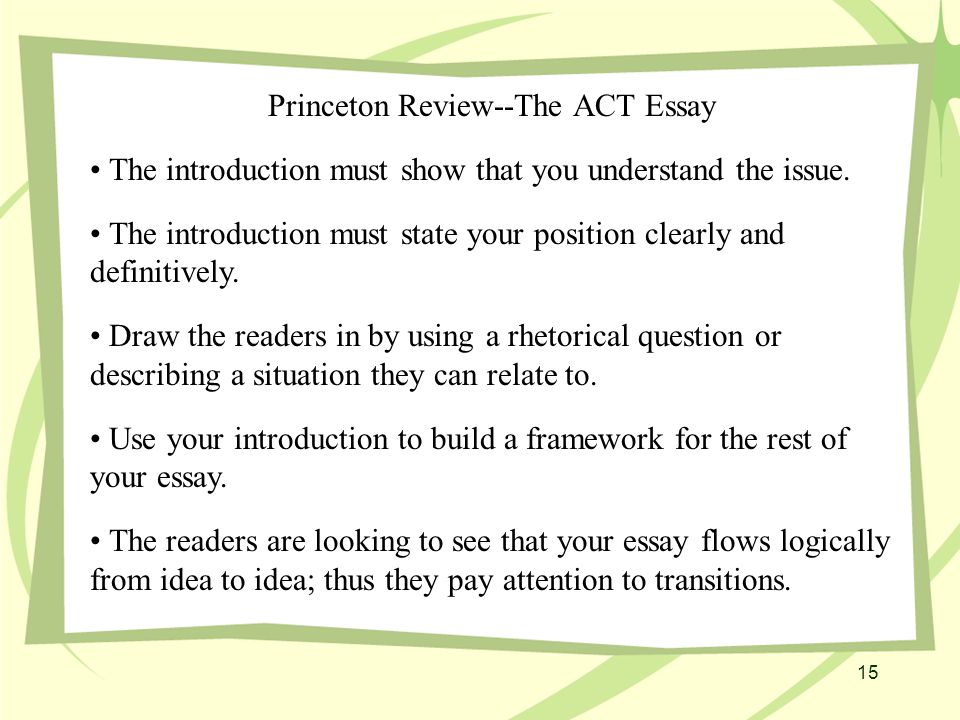 15 Princeton Review--The ACT Essay The introduction must show that you understand the issue.