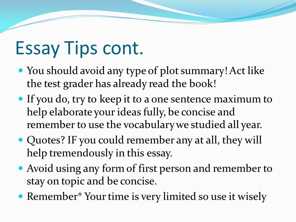 Essay Tips cont. You should avoid any type of plot summary.