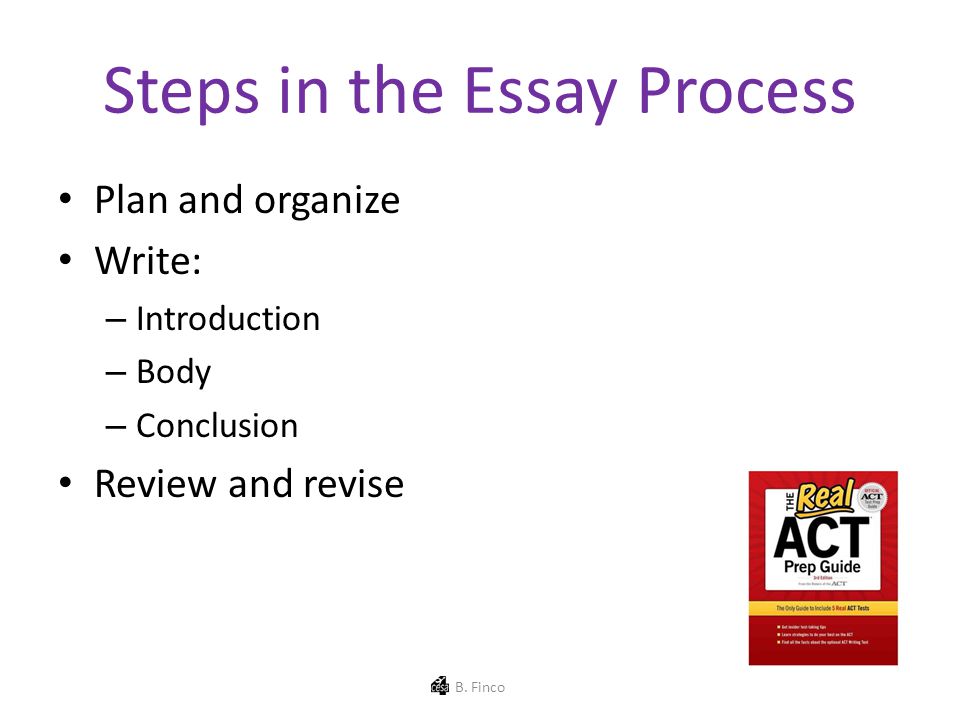 Steps in the Essay Process Plan and organize Write: – Introduction – Body – Conclusion Review and revise B.