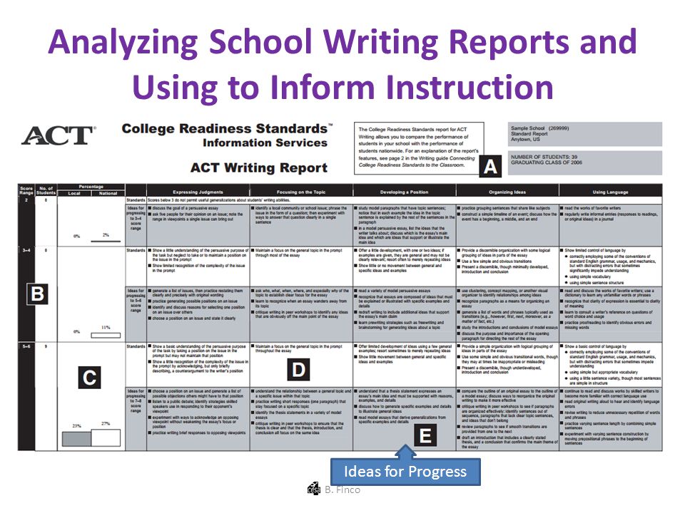 Analyzing School Writing Reports and Using to Inform Instruction Ideas for Progress B. Finco
