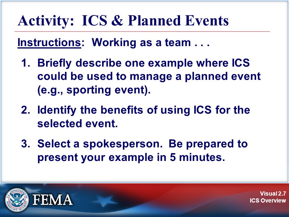 Visual 2.7 ICS Overview Activity: ICS & Planned Events Instructions: Working as a team...