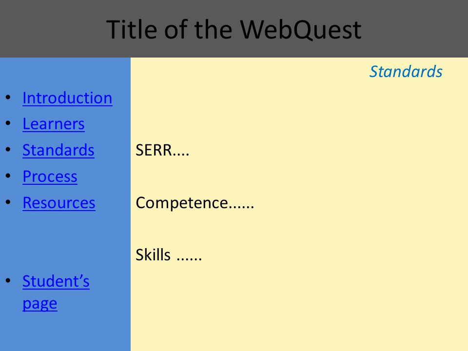 Title of the WebQuest Standards SERR.... Competence