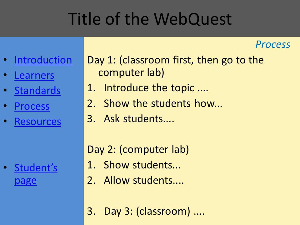 Title of the WebQuest Process Day 1: (classroom first, then go to the computer lab) 1.Introduce the topic....